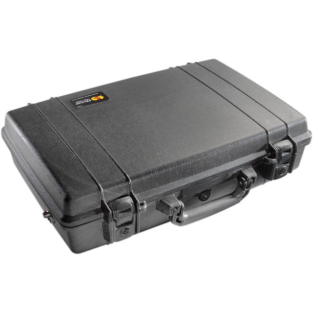 Load image into Gallery viewer, A black Pelican 1490 laptop case closed, showing the exterior handle and latches.
