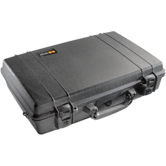 A black Pelican 1490 laptop case closed, showing the exterior handle and latches.
