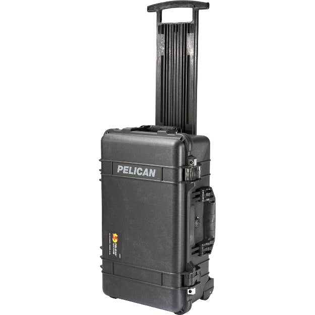 Load image into Gallery viewer, A black Pelican 1510LFC laptop case is standing upright with its top handle pulled out, showing how the case can be wheeled around.
