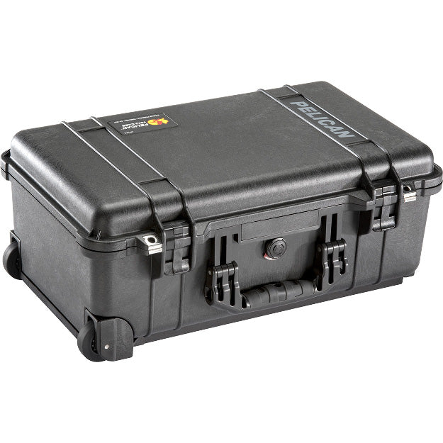 Load image into Gallery viewer, A black Pelican 1510SC carry-on studio case closed, showing its wheels, handle, and latches.
