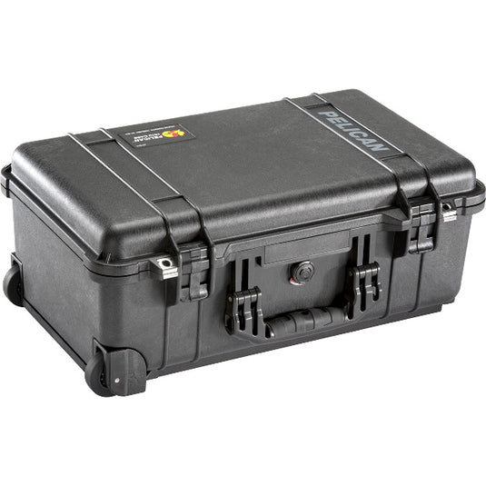 A black Pelican 1510SC carry-on studio case closed, showing its wheels, handle, and latches.