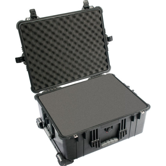 A black Pelican 1610 transport case a with foam interior.