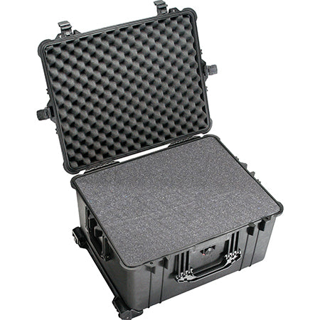 A black Pelican 1620 Transport Case open, with a foam interior.