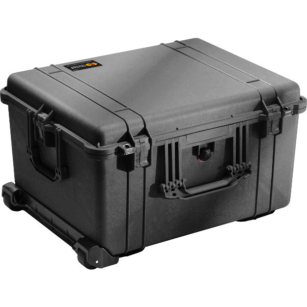 Load image into Gallery viewer, A black Pelican 1620 Transport Case closed showing the exterior wheels, handles, and latches.
