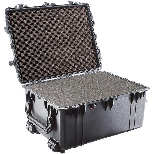 A black Pelican 1630 Transport Case with foam padding inside.
