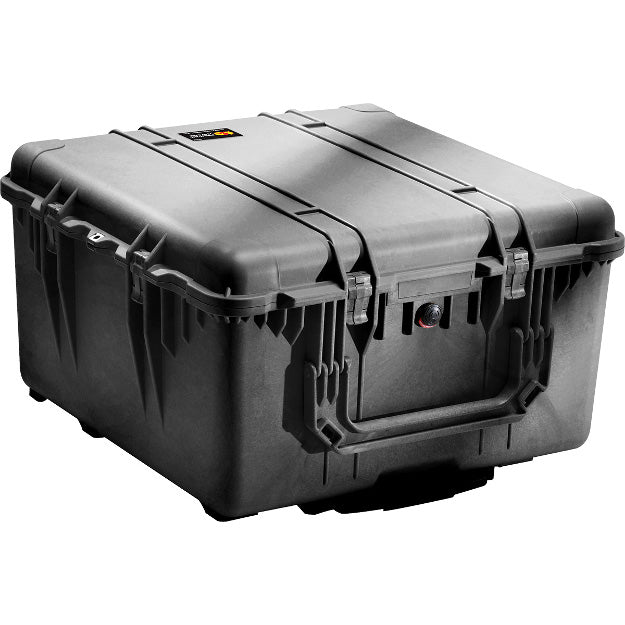 Load image into Gallery viewer, A black Pelican 1640 Transport Case closed showing the exterior handle and latches.
