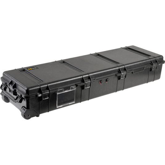 A black Pelican 1770 Transport Case closed, showing the wheels, handles, latches, and document holder of the case.