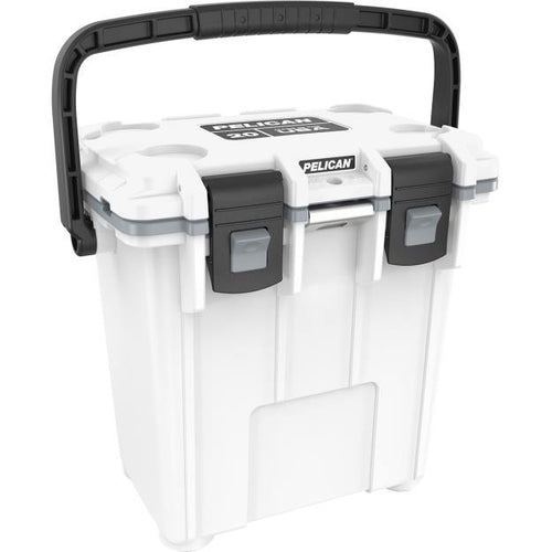 A white Pelican 20Qt Elite Cooler with black latches and a black handle.