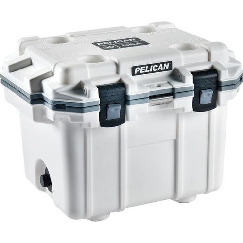 A white Pelican 30Qt Elite Cooler with black latches and handles, designed for durability and portability.