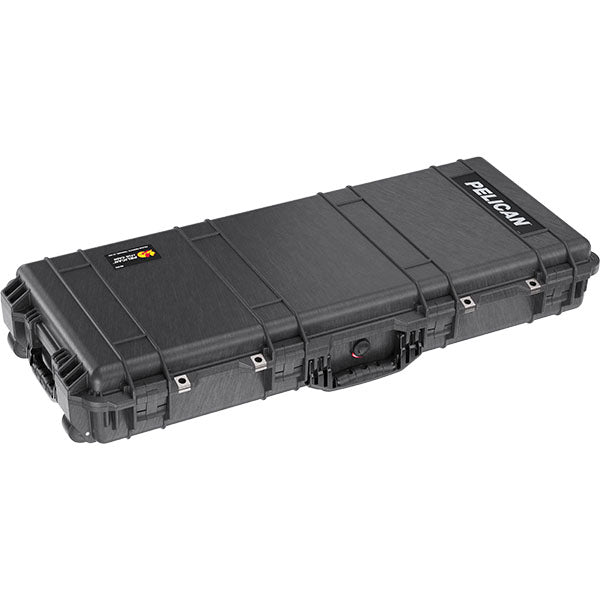 Load image into Gallery viewer, A black Pelican 1700 Long Case closed, showing the exterior wheels, handle, and latches.

