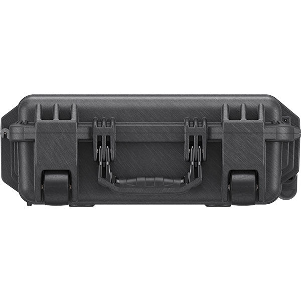 Load image into Gallery viewer, A close up of the wheels and side handle on a Pelican 1700 Long Case.
