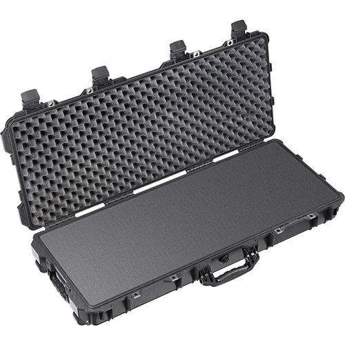 A black Pelican 1700 Long Case with a foam-lined interior.