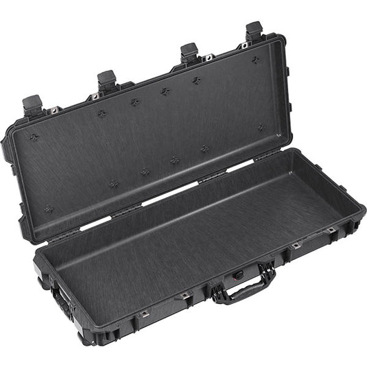 A black Pelican 1700 Long Case open with no foam inside.