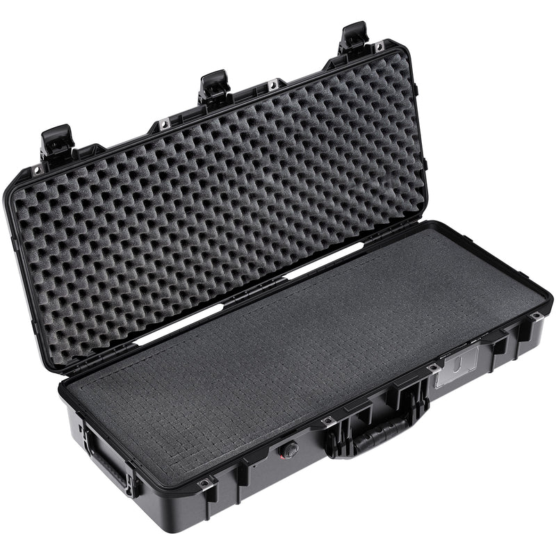 Load image into Gallery viewer, A black Pelican case with foam lining, viewed from the open top with latches visible.
