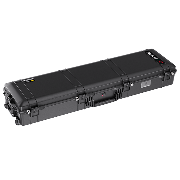 Load image into Gallery viewer, A black Pelican 1755 Air Case closed showing the handles and the business card holder.

