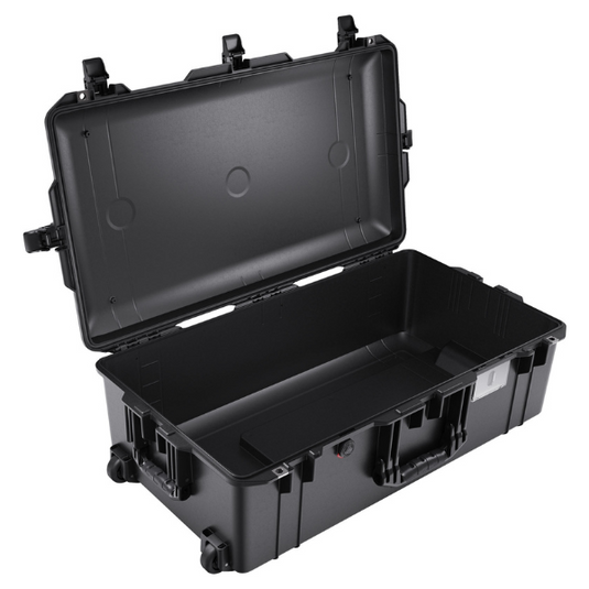 A black Pelican 1615 Air Case open with no foam inside.