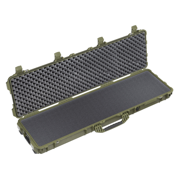 Load image into Gallery viewer, An ODG Green Pelican 1750 Long Case open, showing the foam interior.
