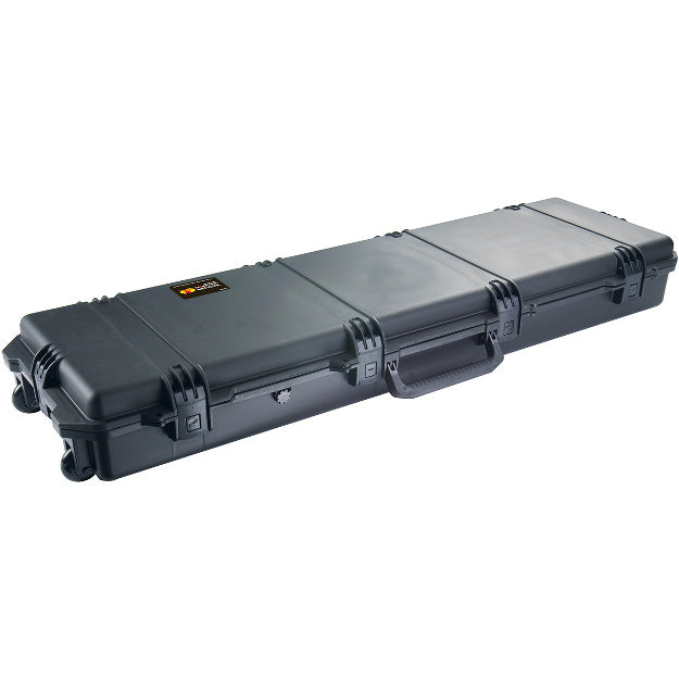Load image into Gallery viewer, A black iM3300 Storm Rifle Case closed, showing the exterior handles, latches, and wheels.
