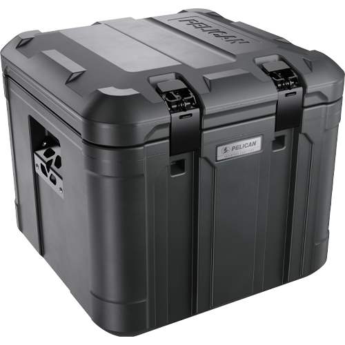 A black Pelican TX50 Adventure Case with built-in lock hasps and steel latches.
