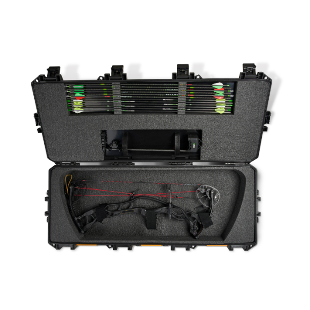 Load image into Gallery viewer, Black Pelican V730 Vault archery bow case with a bow and arrows inside
