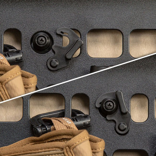 A close up of MOLLE Panel Lid Kit's EZ click swing latches.