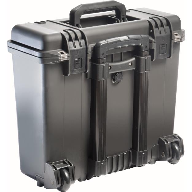 Load image into Gallery viewer, A black iM2435 Storm carry-on case closed, showing the exterior handles, wheels, and latches.
