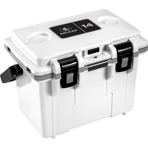 A white Pelican 14Qt Elite Cooler with black latches and a logo on the lid.