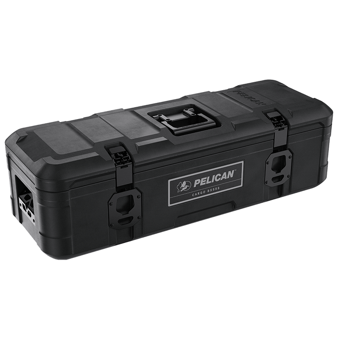 A black Pelican Cargo BX55S case with a secure locking mechanism and handles on the top.