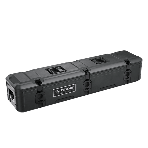 A black Pelican Cargo BX85S case with a secure locking mechanism and the Pelican logo on the side.