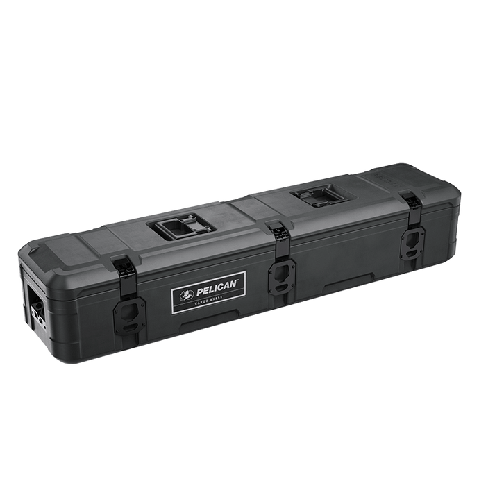 A black Pelican Cargo BX85S case with a secure locking mechanism and the Pelican logo on the side.