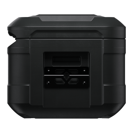 A sideview of a black Pelican BX85S case showing a tie point.