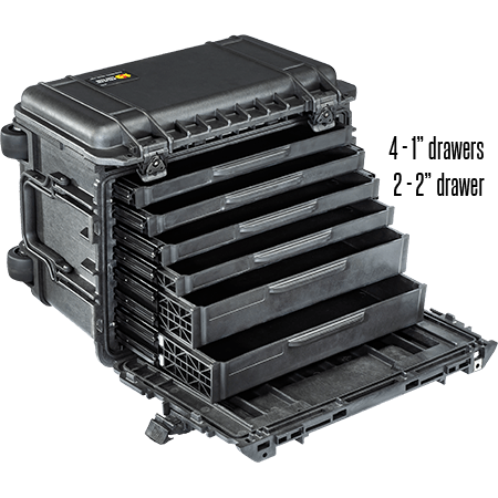 Load image into Gallery viewer, A black Pelican 0450 Mobile Tool Case with four 1-inch drawers and two 2-inch drawers.
