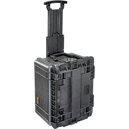 A black Pelican 0450 Mobile Tool Case with the top handle extended so that the case can be moved on its wheels.