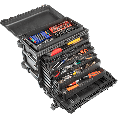 Load image into Gallery viewer, A black Pelican 0450 Mobile Tool Case open with various tools visible inside the compartments.
