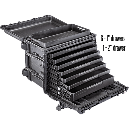 Load image into Gallery viewer, A black Pelican 0450 Mobile Tool Case with six 1-inch drawers and one 2-inch drawer.
